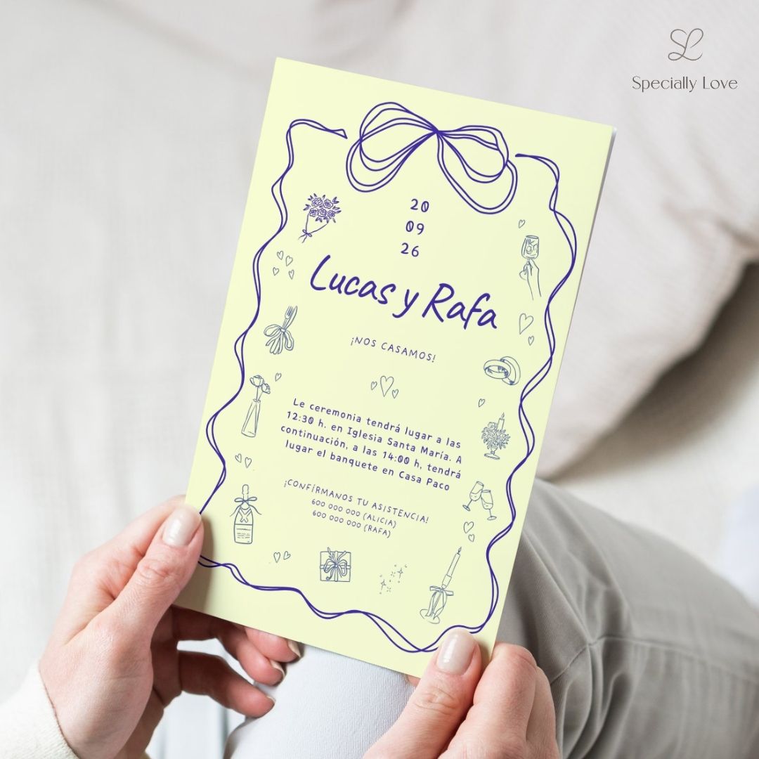 Wedding invitations on kraft paper with embossed illustrations.